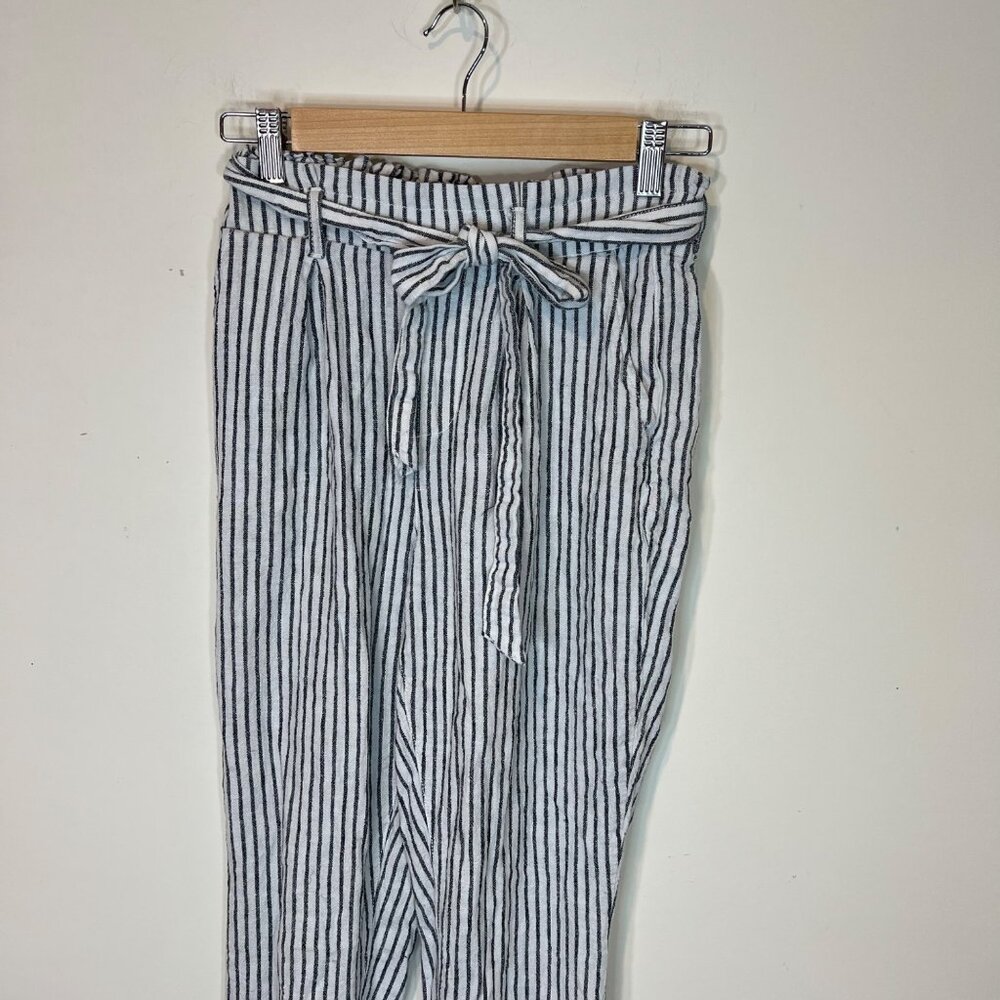 ANTI BLUE Pants S Linen Blend Striped Cropped Blue White Pullon Size Small - Picture 3 of 8